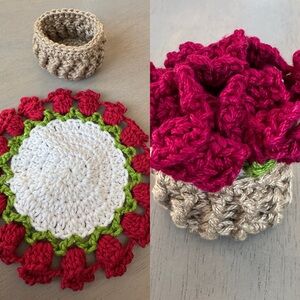 Crochet Coaster Set Basket of Roses - made by me 😊
